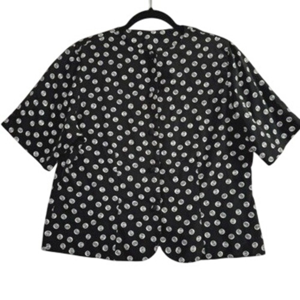 Vintage Black White Geometric Dot Button Front Short Sleeve Blouse Top RN 29299